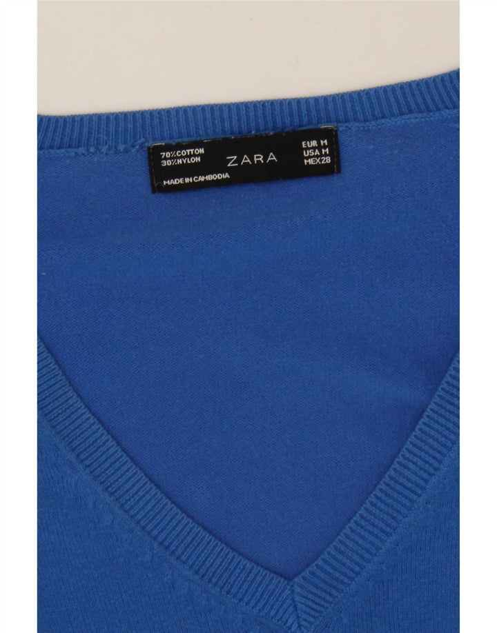 Женский джемпер с v-образным вырезом Zara UK 12, хлопковый средний синий цвет