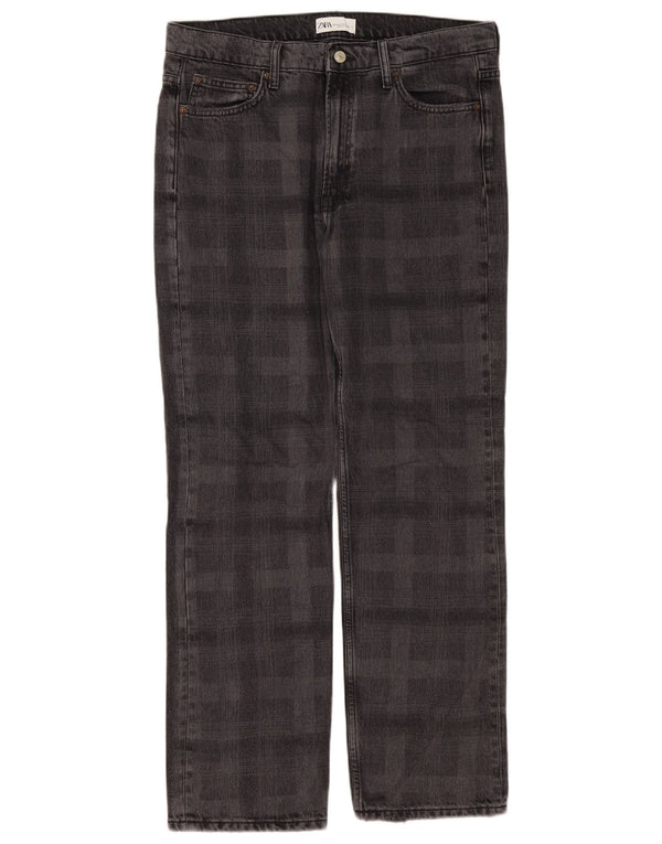 Женские прямые джинсы Zara EU 42, большие W32 L31, серые, хлопковые в клетку