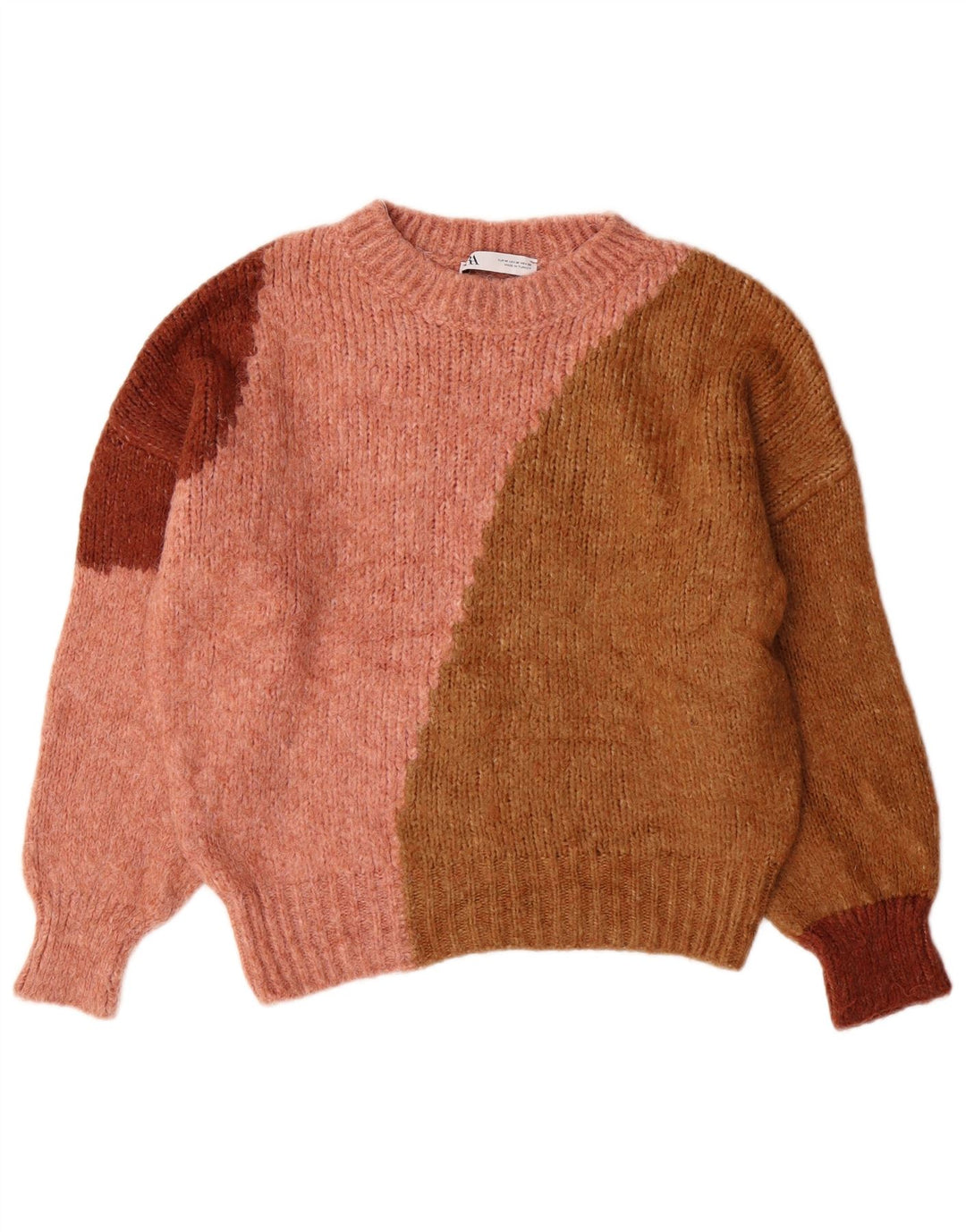 Женский джемпер с круглым вырезом ZARA UK 14, средний розовый цвет с цветными блоками, акрил