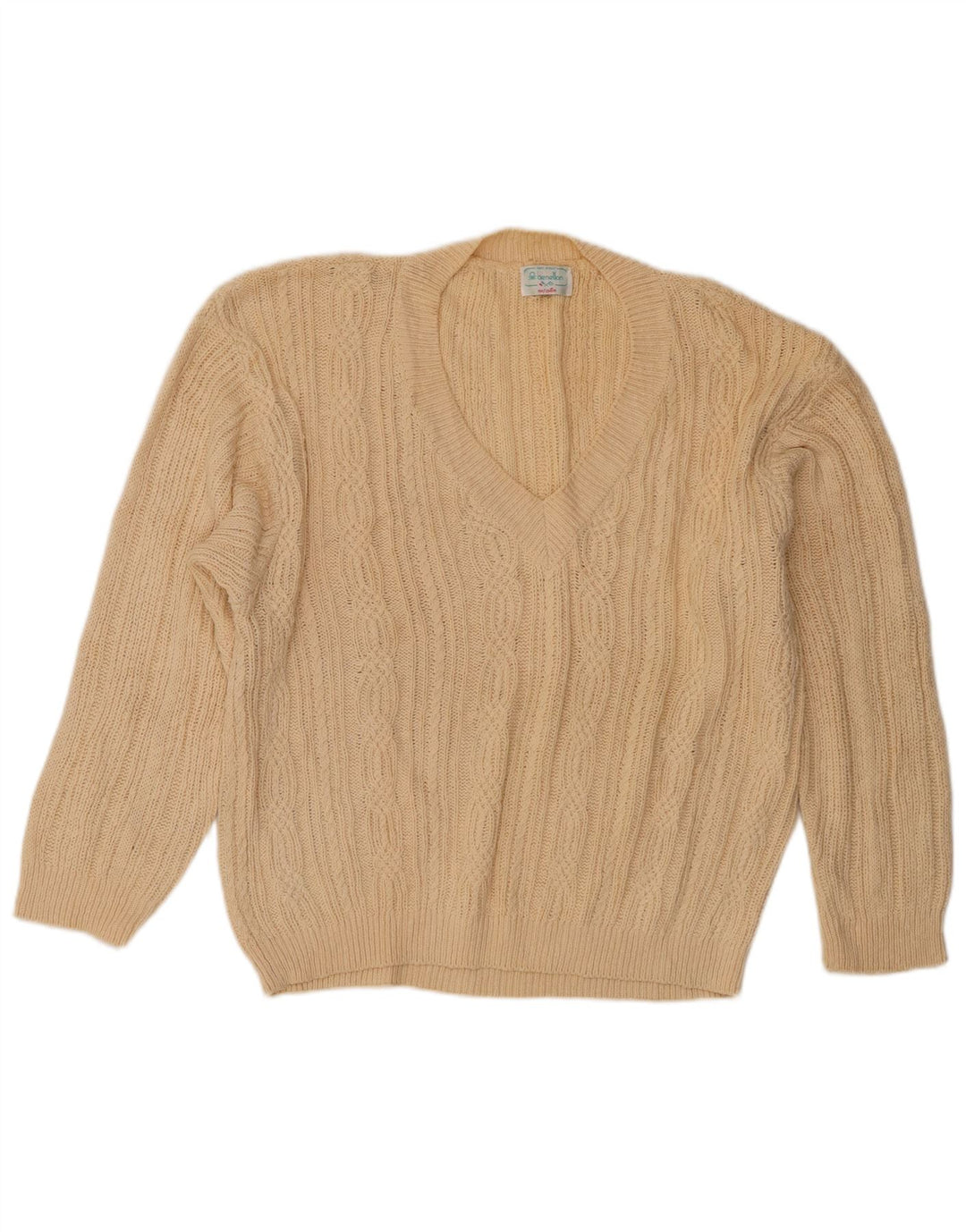 Женский джемпер с v-образным вырезом Benetton IT 48 XL Бежевый хлопок