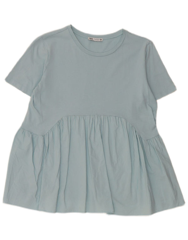 Женская блузка Zara Top UK 12, хлопковый средний синий цвет