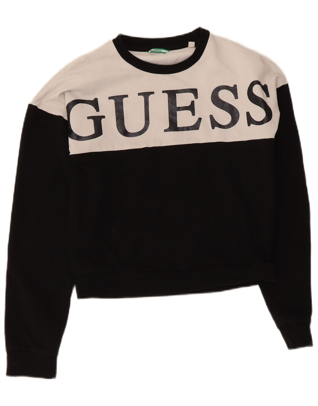 Женский укороченный свитшот с графическим рисунком Guess UK 14, средний черный цвет с цветными блоками