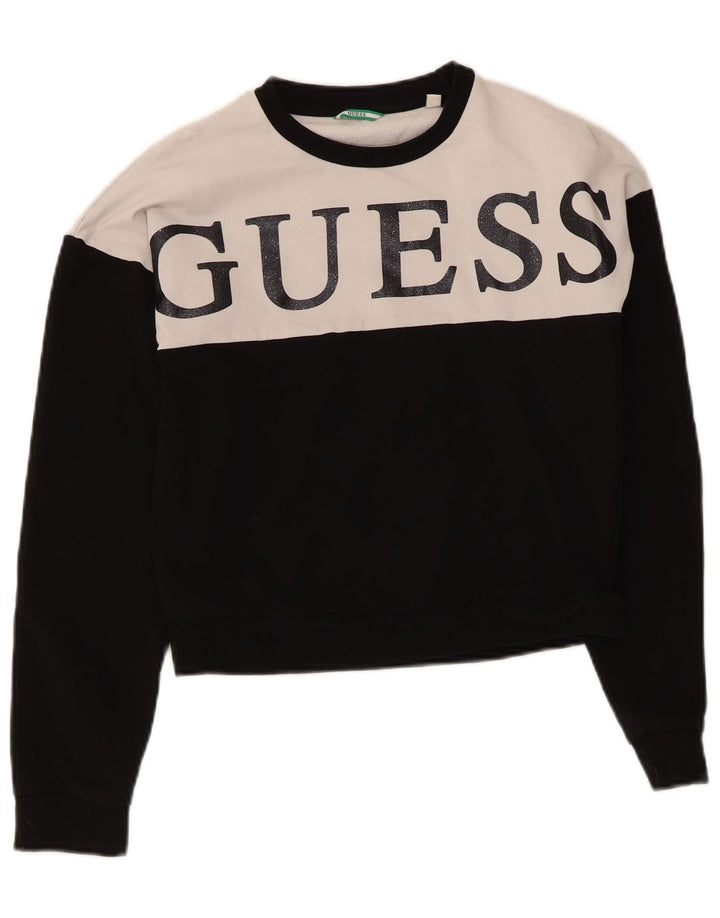 Женский укороченный свитшот с графическим рисунком Guess UK 14, средний черный цвет с цветными блоками