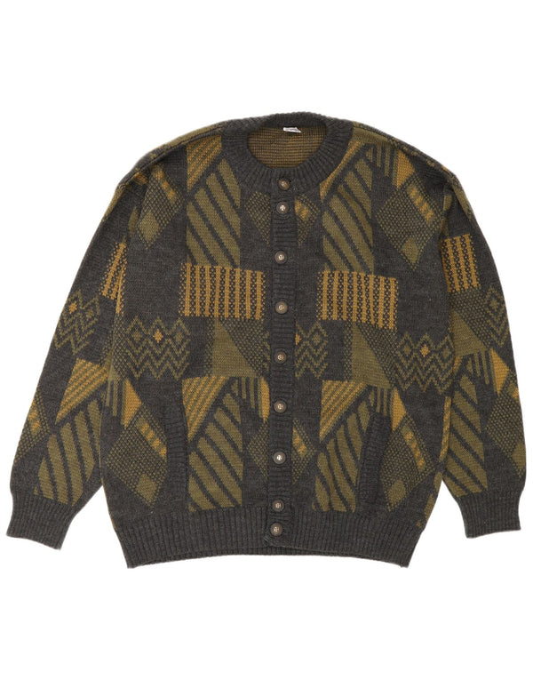 Винтажный мужской свитер-кардиган, большой серый полиакрил с геометрическим рисунком