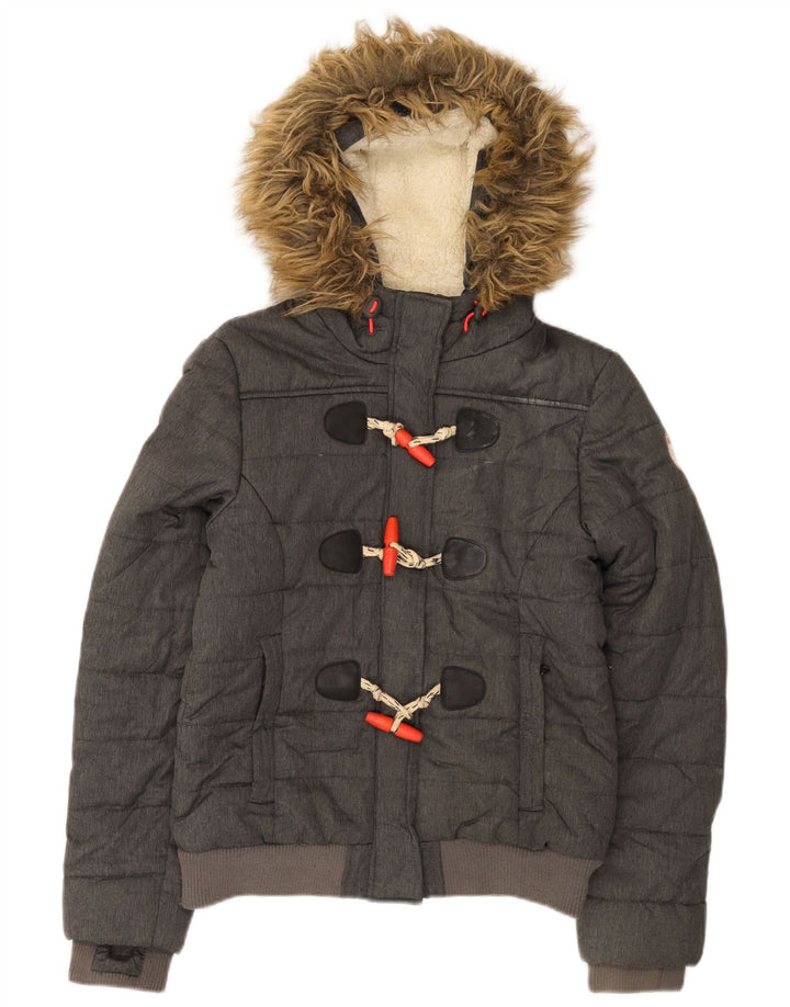 Женская утепленная куртка с капюшоном Superdry UK 12, полиэстер среднего серого цвета