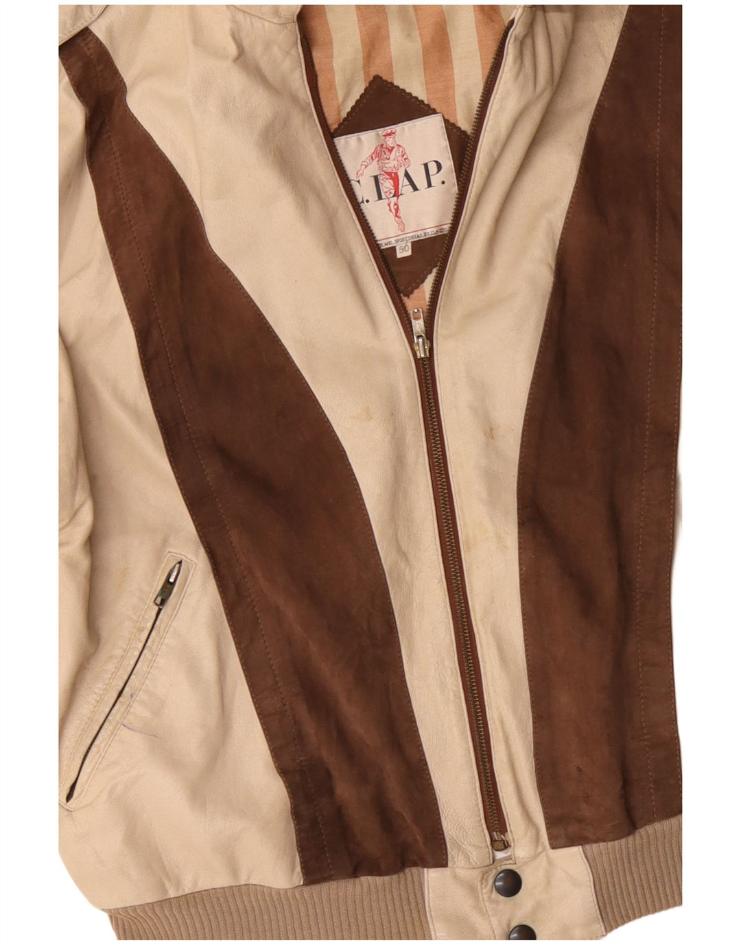 Мужская кожаная куртка в стиле милитари VINTAGE IT 50, большая, бежевая, с цветными блоками