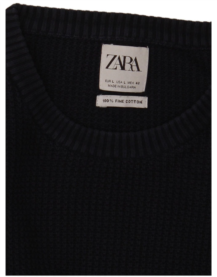 Мужской джемпер с круглым вырезом Zara, большой темно-синий хлопковый свитер