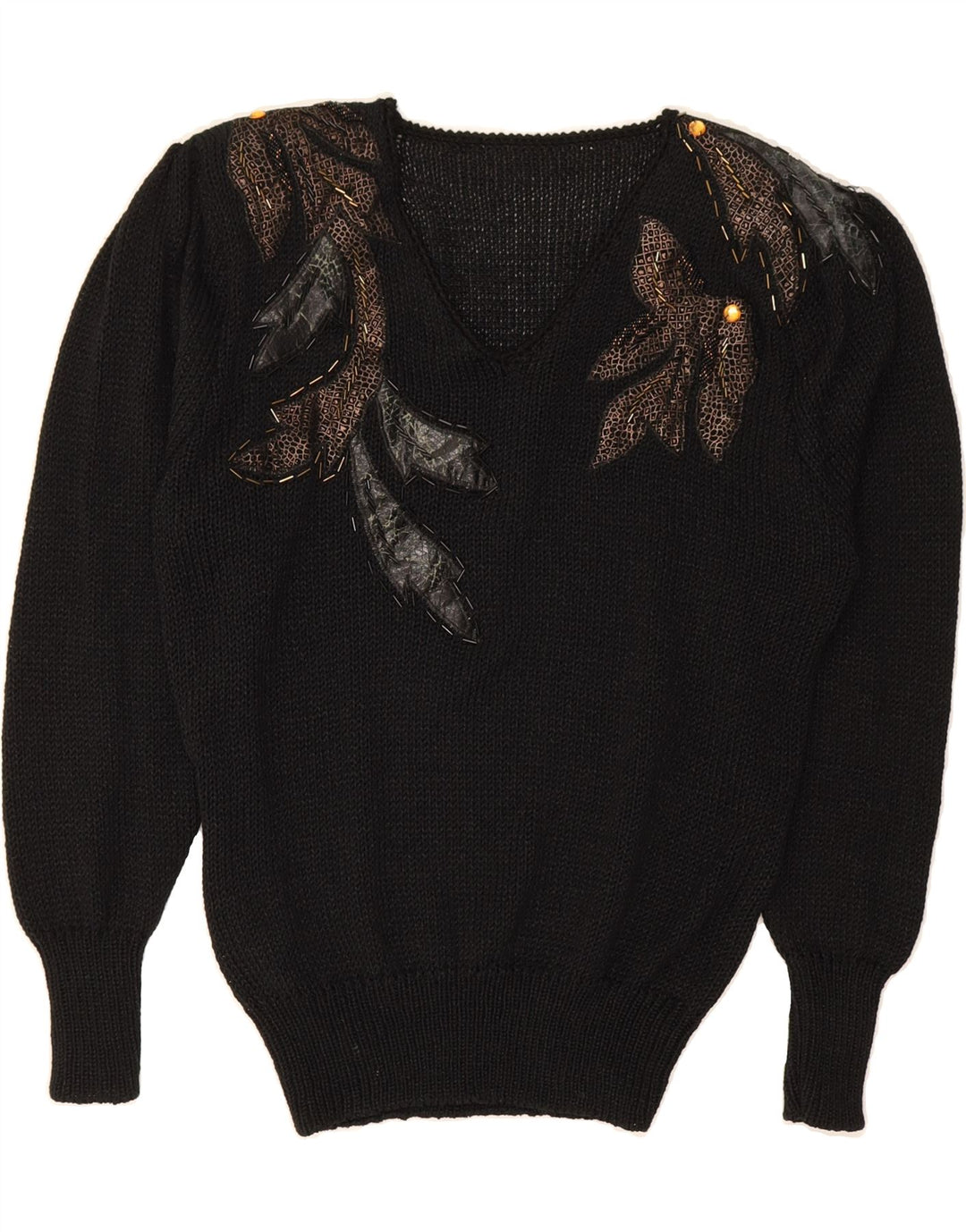 VINTAGE Womens Abstract Pattern V-Neck Jumper Sweater UK 16 Large Black Vintage Vintage and Second-Hand Vintage from Messina Hembry 