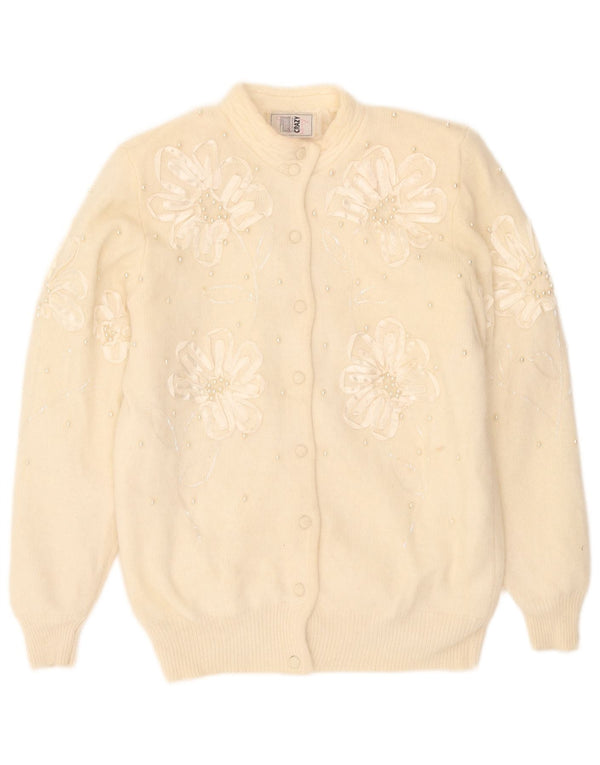 Винтажный женский кардиган-свитер UK 16, большой размер из белой шерсти с цветочным принтом