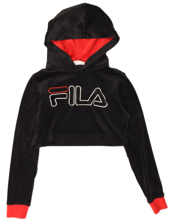 Fila Женский укороченный джемпер с капюшоном с графическим рисунком UK 10, маленький черный с цветными блоками