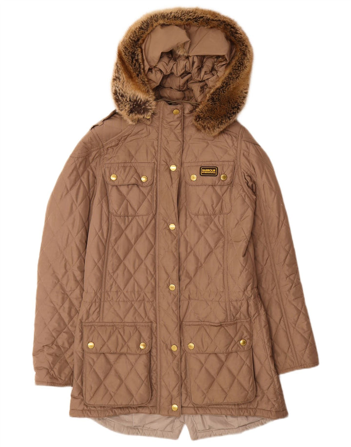 BARBOUR Женское стеганое пальто с капюшоном UK 8 маленькое бежевое из полиэстера