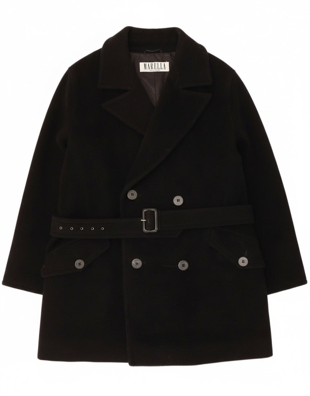 Женское двубортное пальто Marella UK 14, средний черный из натуральной шерсти