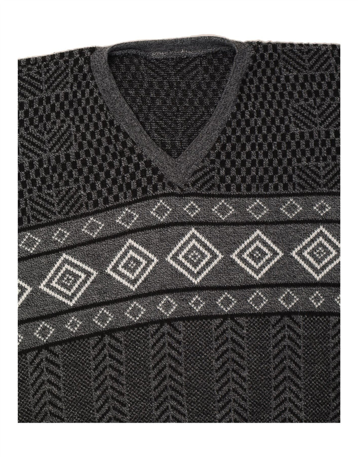 VINTAGE Mens V-Neck Jumper Sweater Medium Grey Geometric Vintage Vintage and Second-Hand Vintage from Messina Hembry 