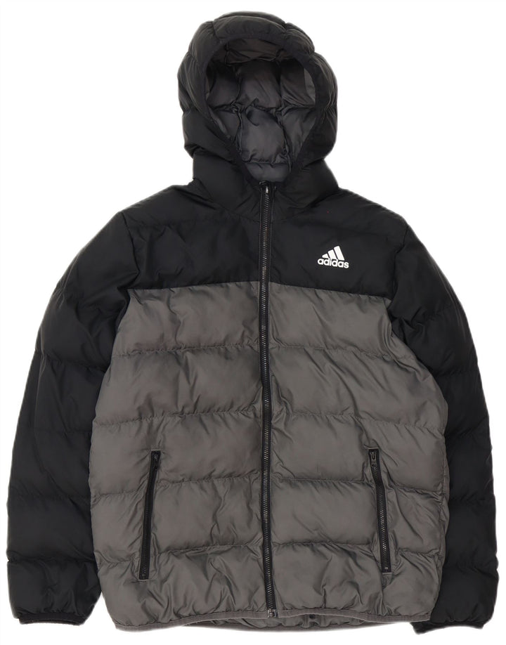 Утепленная куртка Adidas с капюшоном для мальчиков 13-14 лет, серая с цветными блоками