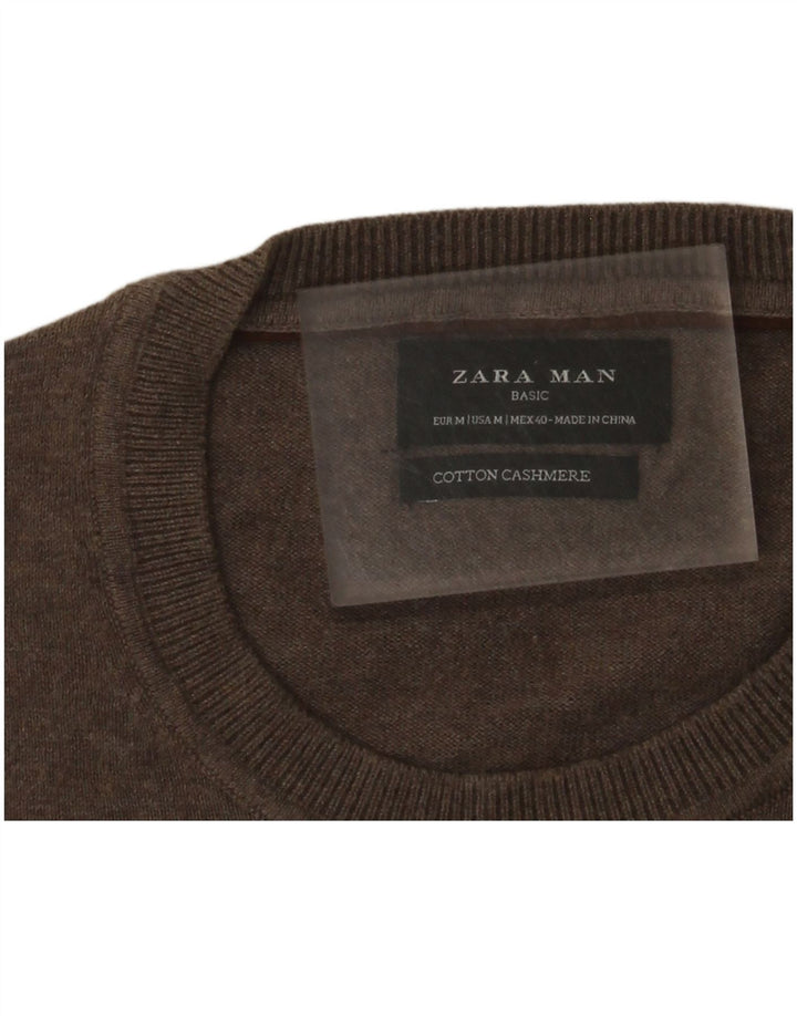 Мужской джемпер с круглым вырезом Zara, хлопковый джемпер среднего коричневого цвета
