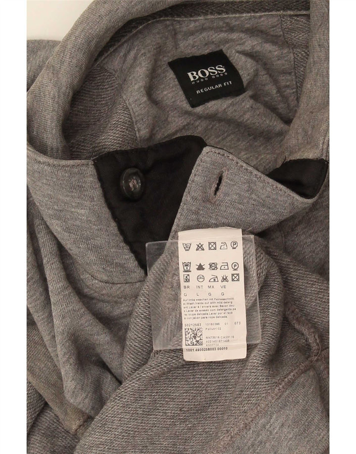 Мужской свитшот с воротником на пуговицах Hugo Boss, большой серый хлопковый джемпер