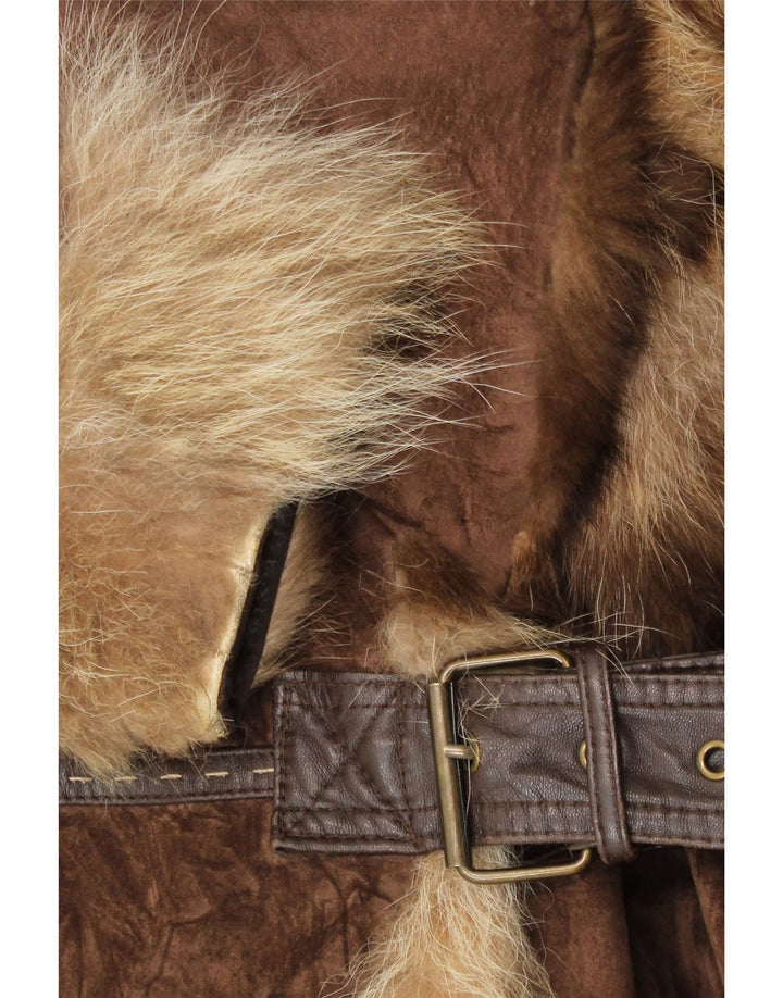 Rene Derhy Женское Замшевое Меховое Пальто UK 14 Средне-Коричневый Кожаный