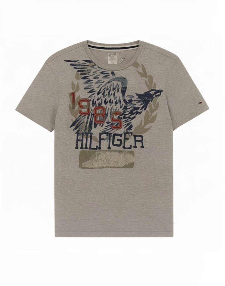 Мужская футболка с рисунком Tommy Hilfiger, хлопковый топ среднего серого цвета с крапинками