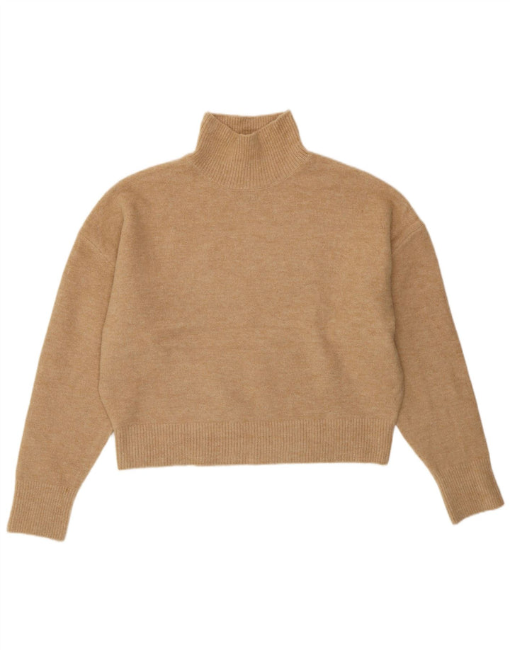 ZARA Womens Crop Oversized Turtle Neck Jumper Sweater UK 16 Large Beige