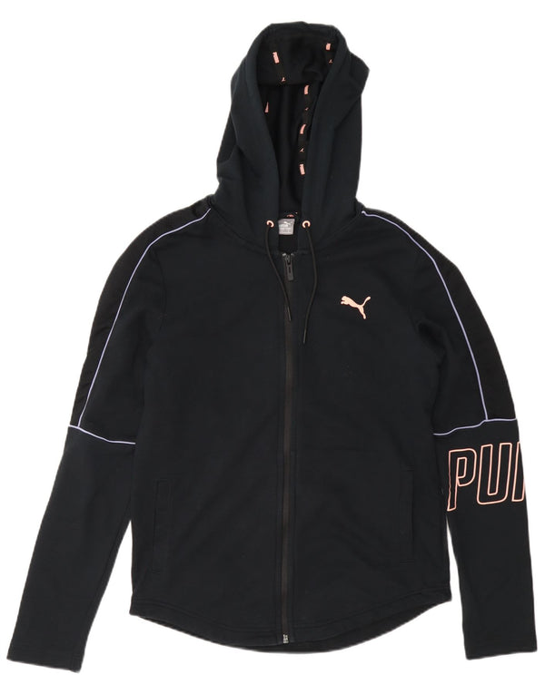 Puma Womens Graphic Zip Hoodie Sweater UK 10 Small Navy Blue Cotton