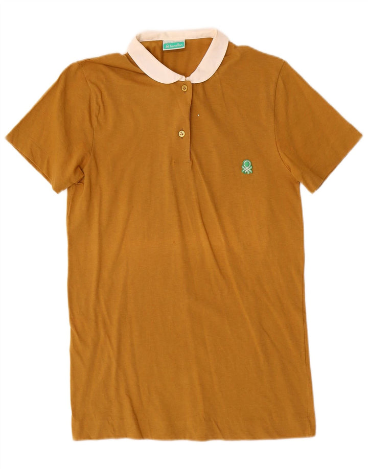 Женская рубашка-поло BENETTON UK 6 XS коричневая, хлопок с цветными блоками