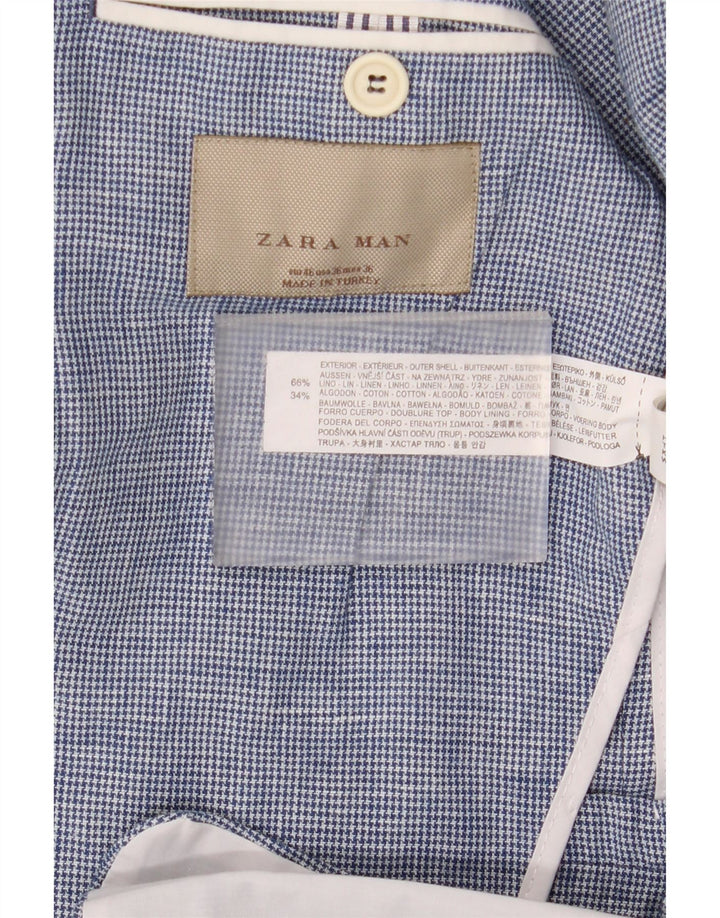 Мужской пиджак Zara на 2 пуговицах EU 46, маленький синий льняной узор «гусиные лапки»