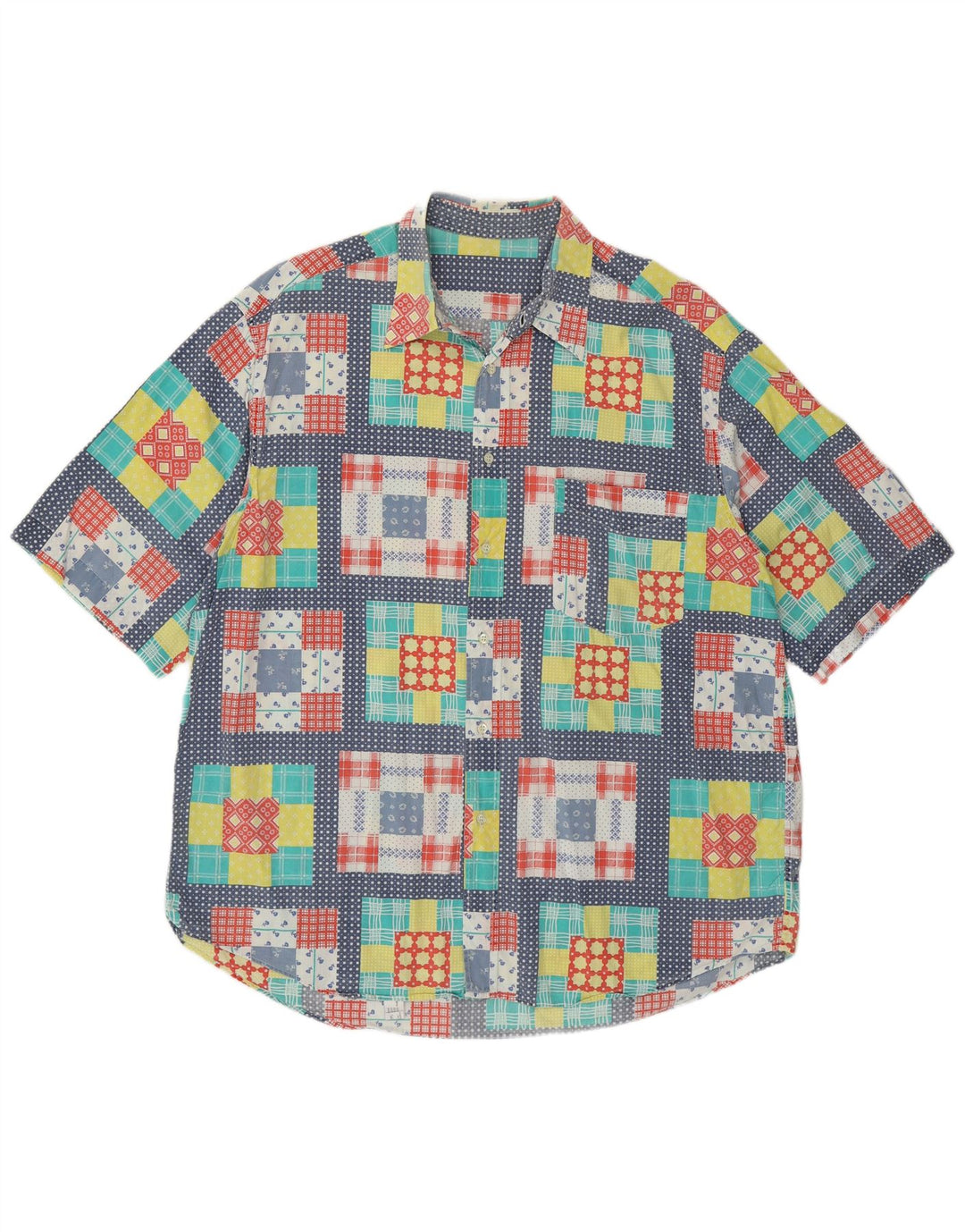 VINTAGE Мужская рубашка с коротким рукавом XL, разноцветный лоскутный хлопок