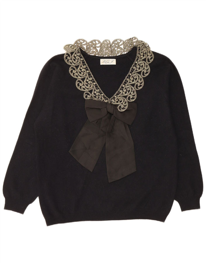LETIZIA L. Женский джемпер с v-образным вырезом, Великобритания 16, большой черный, шерсть с пейсли