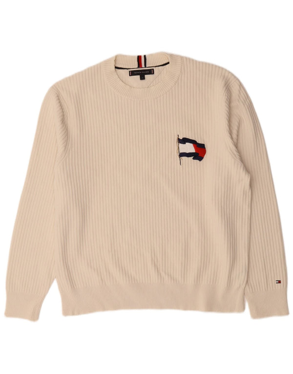 Tommy Hilfiger Mens Crew Neck Jumper Sweater Large Beige Cotton