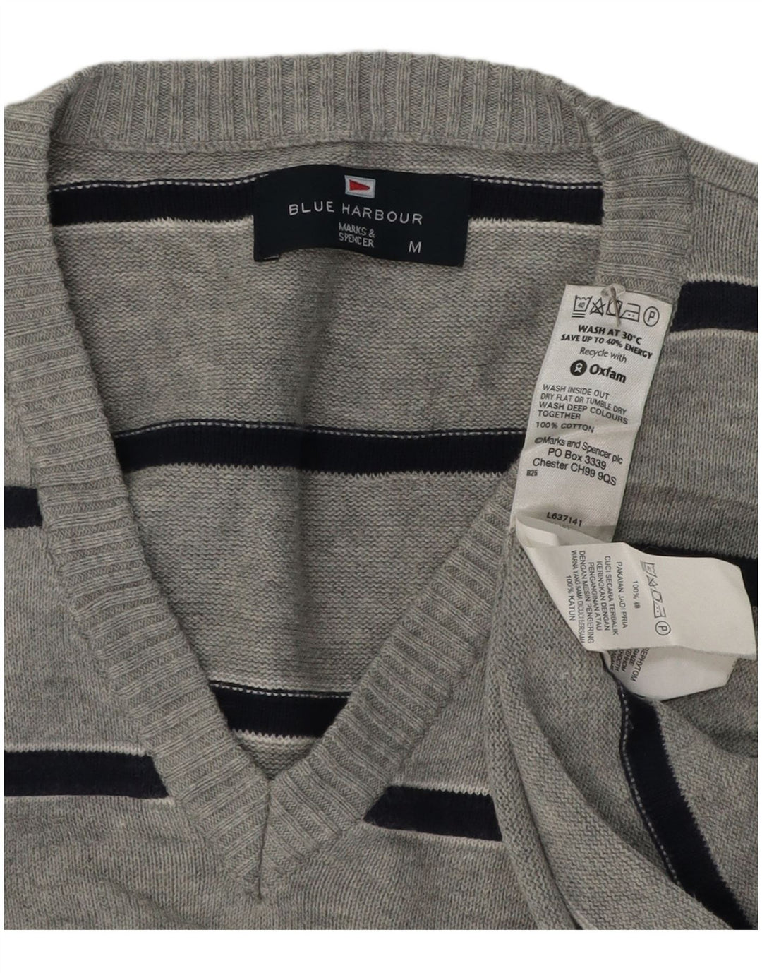 Мужской джемпер с v-образным вырезом Marks & Spencer Blue Harbour, средний серый в полоску
