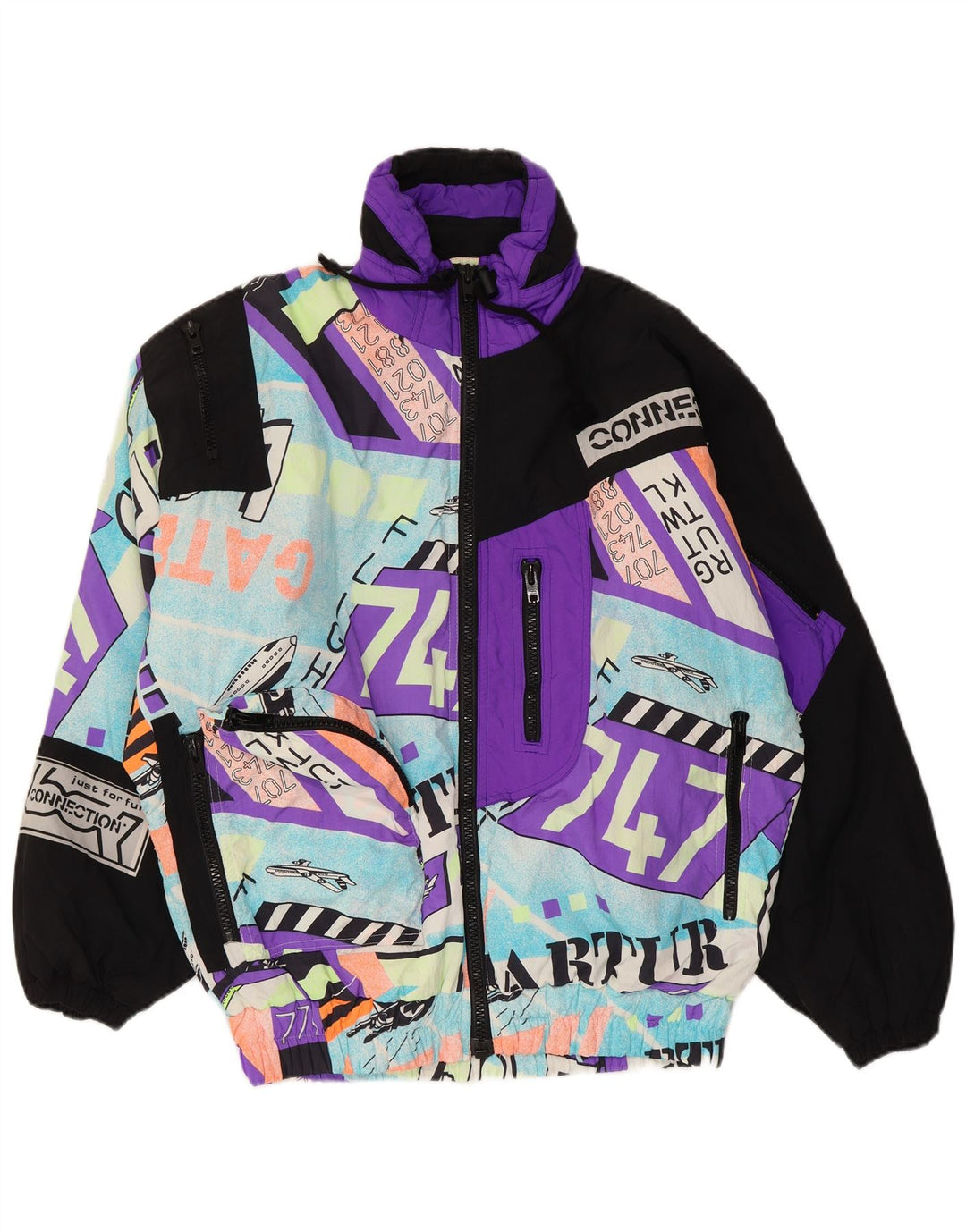 Винтажная мужская лыжная куртка с капюшоном с графическим рисунком UK 40, большая разноцветная полиамид