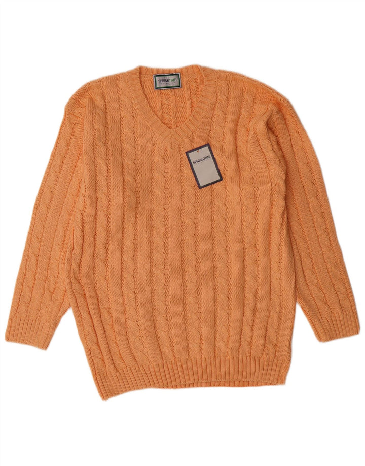 VINTAGE Mens V-Neck Jumper Sweater Medium Orange Acrylic