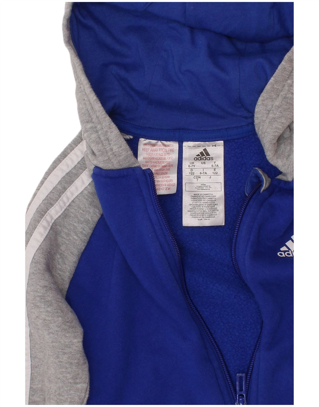 ADIDAS Boys Zip Hoodie Sweater 6-7 Years Blue Colourblock Cotton