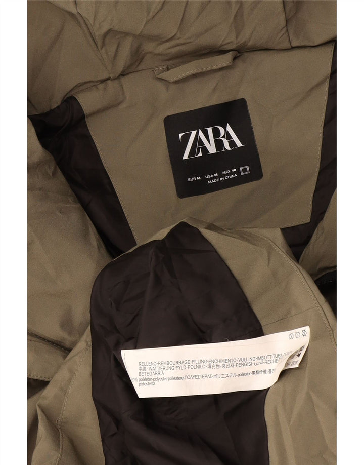 Мужская стеганая куртка с капюшоном Zara UK 38, средний цвет хаки, полиэстер