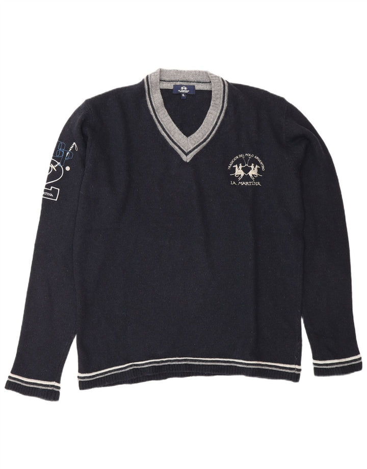 Мужской джемпер с v-образным вырезом и рисунком La Martina XL, темно-синий