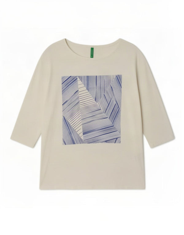 Женская туника Benetton с рукавом 3/4 с рисунком, Великобритания 14, средний белый хлопок