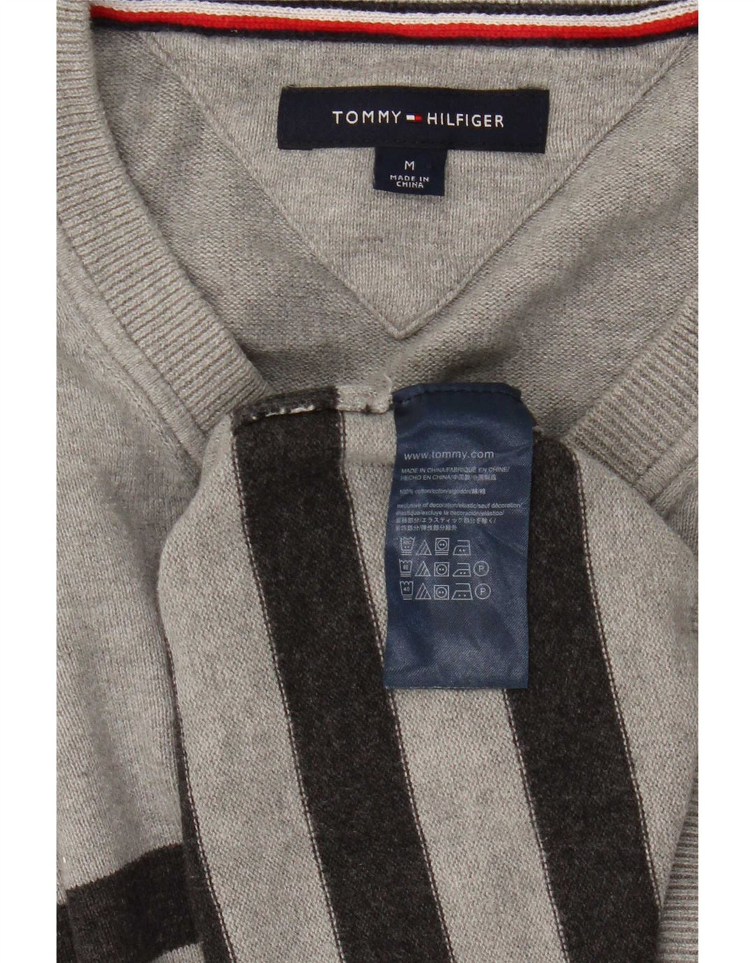 Tommy Hilfiger Мужской джемпер с v-образным вырезом, хлопковый свитер среднего серого цвета в полоску
