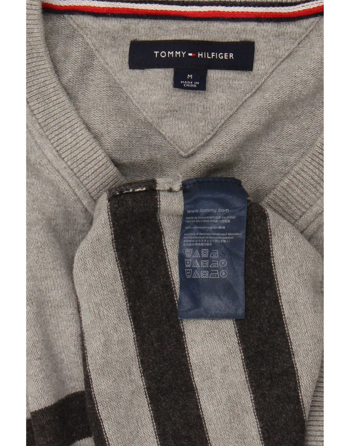 Tommy Hilfiger Мужской джемпер с v-образным вырезом, хлопковый свитер среднего серого цвета в полоску
