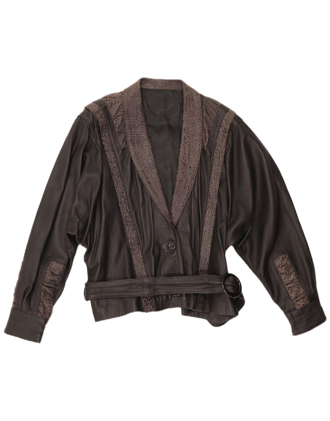 ВИНТАЖНАЯ Женская кожаная куртка IT 48 XL Черная кожа с геометрическим рисунком