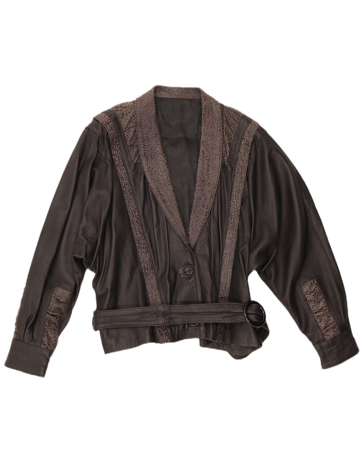 ВИНТАЖНАЯ Женская кожаная куртка IT 48 XL Черная кожа с геометрическим рисунком