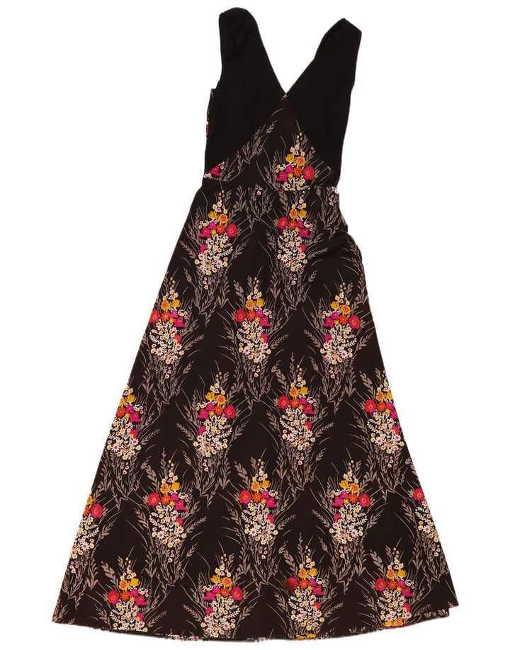 ВИНТАЖНОЕ женское платье макси без рукавов UK 4 XS, черное с цветочным принтом