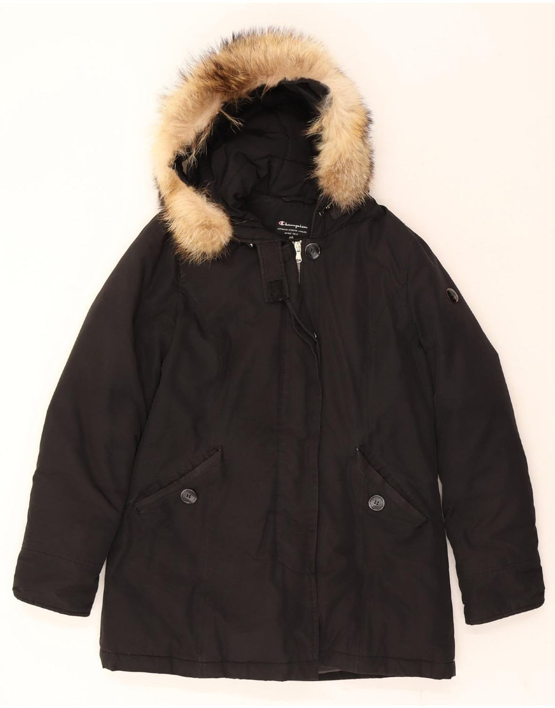 CHAMPION Womens Hooded Padded Coat EU 40 Medium Black Cotton Vintage Champion and Second-Hand Champion from Messina Hembry 