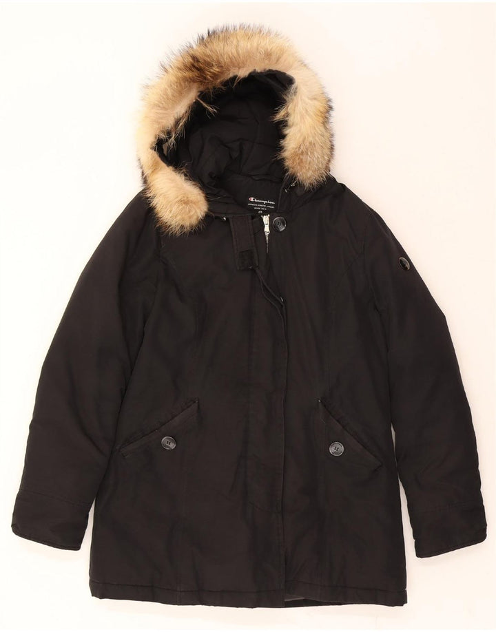 CHAMPION Womens Hooded Padded Coat EU 40 Medium Black Cotton Vintage Champion and Second-Hand Champion from Messina Hembry 