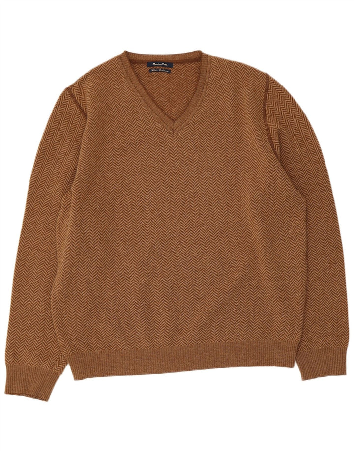 Мужской джемпер с v-образным вырезом Massimo Dutti, большой коричневый шерстяной свитер с рисунком «елочка»