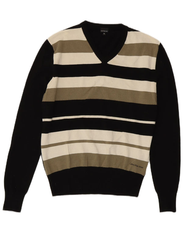 Calvin Klein Jeans Женский джемпер с v-образным вырезом, маленький шерстяной свитер в черную полоску