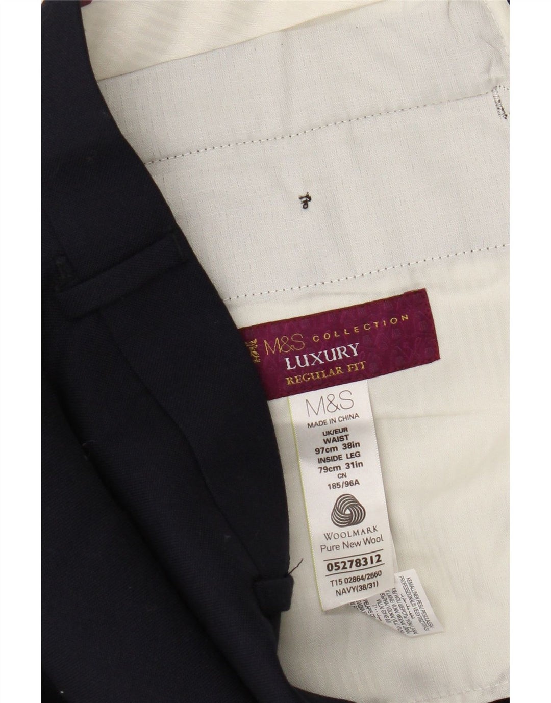 Мужские костюмные брюки стандартного кроя Marks & Spencer W38 L31 темно-синие шерстяные