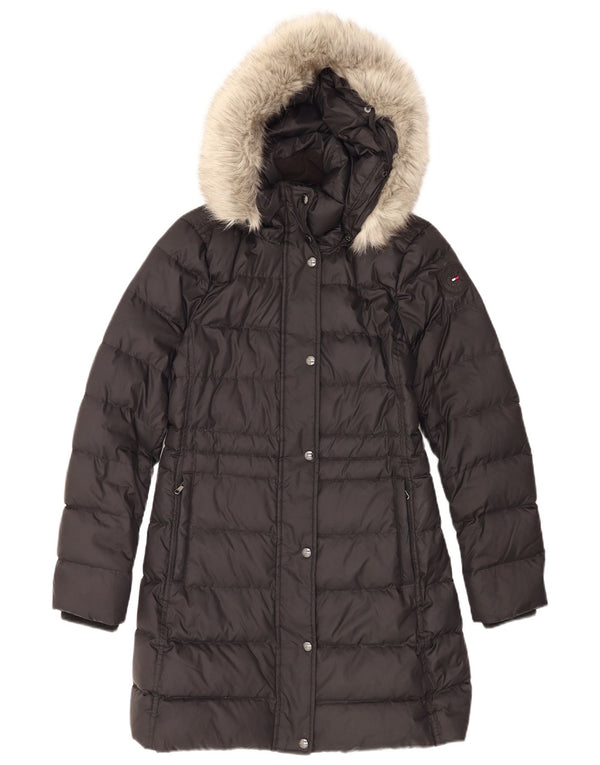 Tommy Hilfiger Женское длинное стеганое пальто с капюшоном UK 6 XS, черный полиэстер