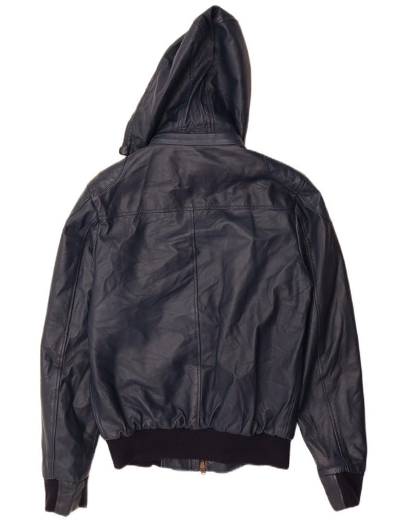 ВИНТАЖНАЯ женская кожаная куртка с капюшоном UK 14, большая темно-синяя кожаная