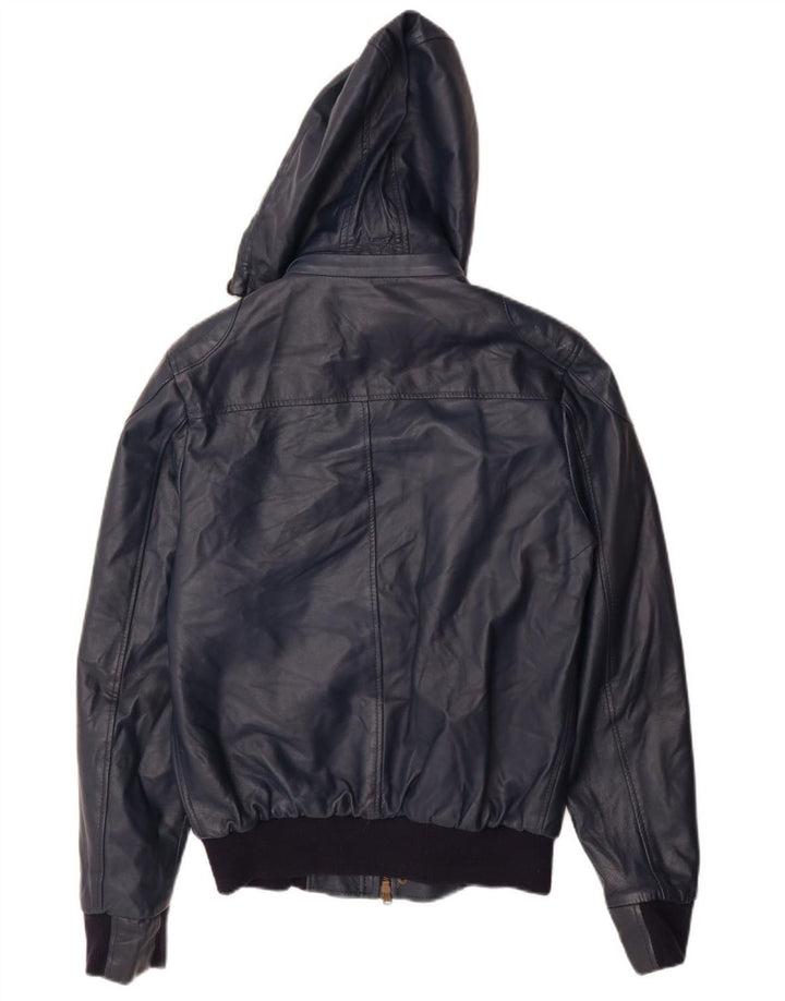 ВИНТАЖНАЯ женская кожаная куртка с капюшоном UK 14, большая темно-синяя кожаная