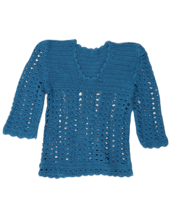 Винтажный женский топ, связанный крючком, с рукавом 3/4, UK 4 XS, синий
